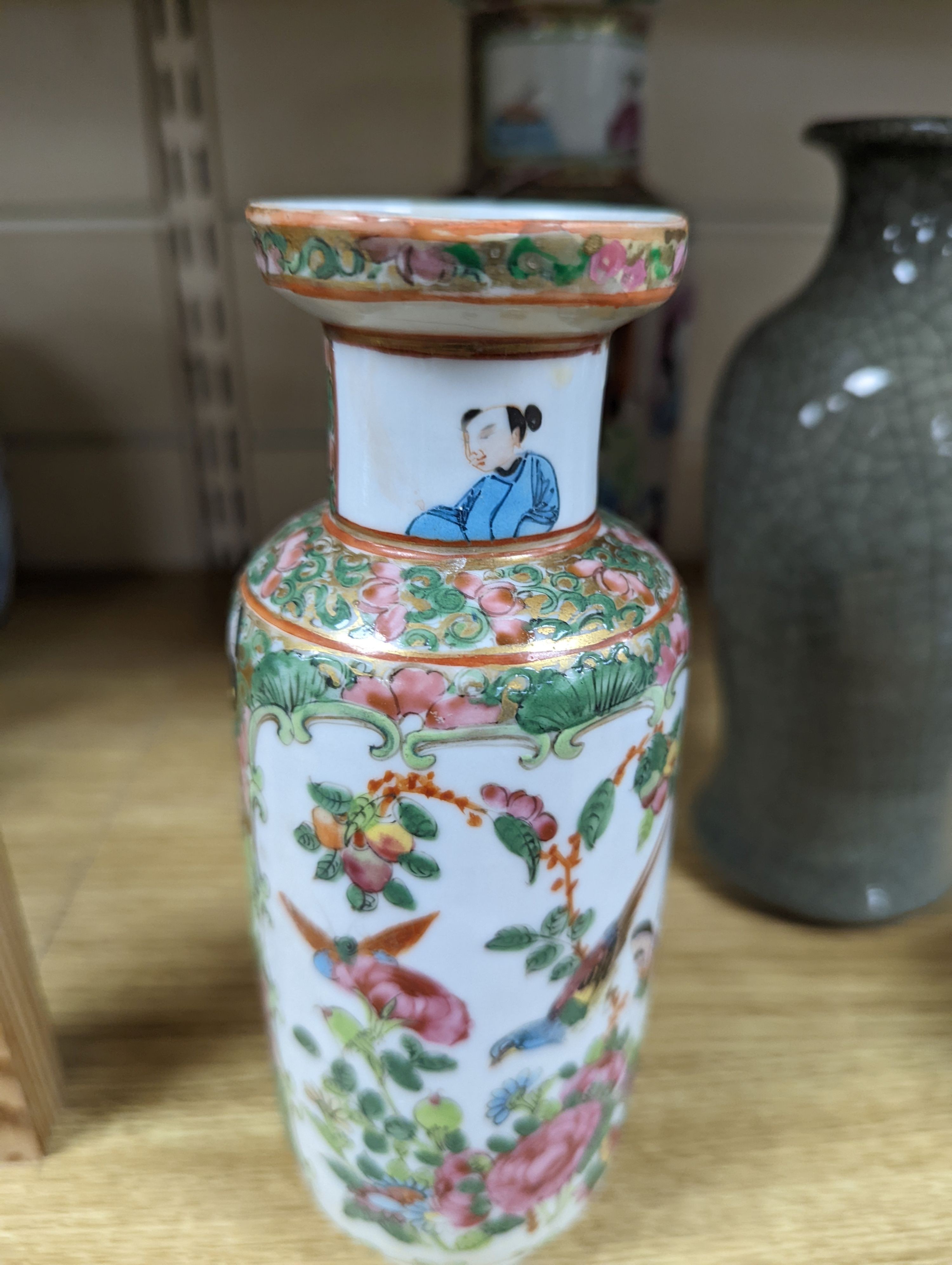 Two Chinese famille rose vases and a Celadon crackle glazed vase, 19th-century and later, tallest 25 cm